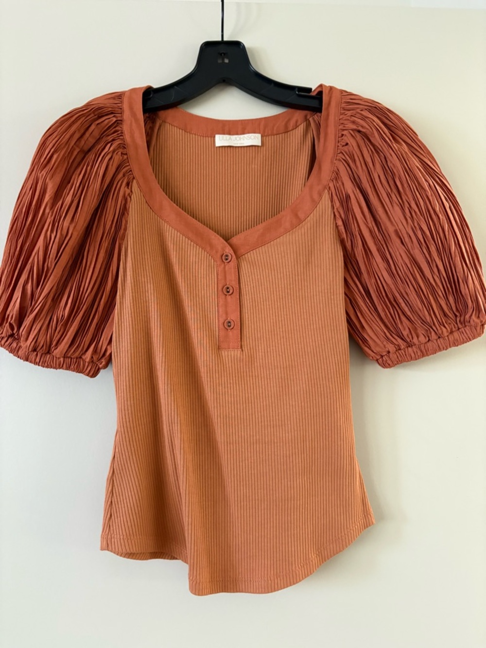 Ulla Johnson Rust Puff-Sleeve Ribbed Henley Top